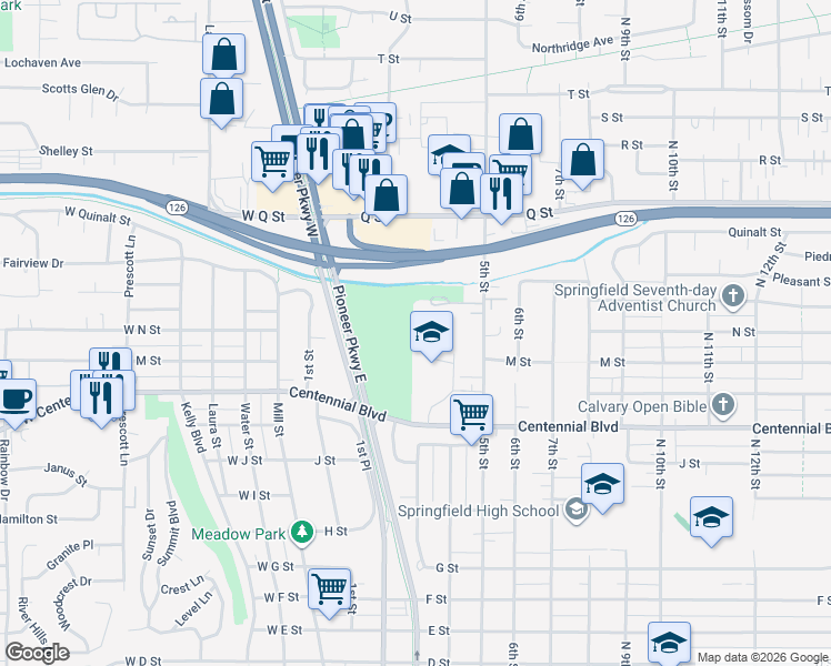 map of restaurants, bars, coffee shops, grocery stores, and more near 1544 5th Street in Springfield
