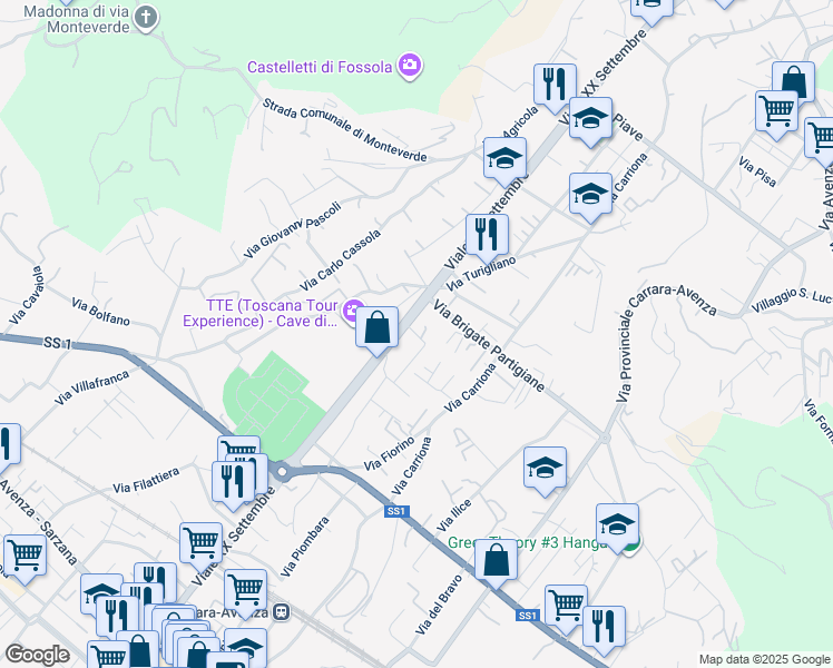 map of restaurants, bars, coffee shops, grocery stores, and more near 143 Viale XX Settembre in Carrara