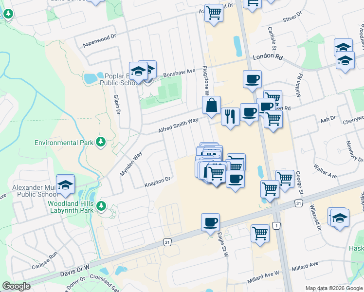 map of restaurants, bars, coffee shops, grocery stores, and more near 164 Gail Parks Crescent in Newmarket