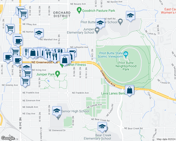 map of restaurants, bars, coffee shops, grocery stores, and more near 862 Northeast 11th Street in Bend