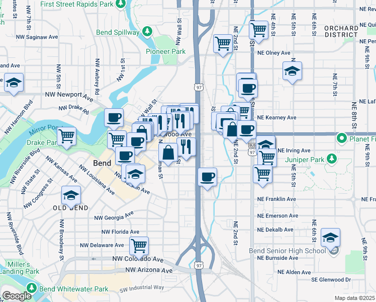 map of restaurants, bars, coffee shops, grocery stores, and more near 37 Northwest Greenwood Avenue in Bend