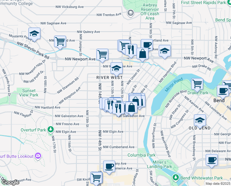 map of restaurants, bars, coffee shops, grocery stores, and more near 1018 Northwest 12th Street in Bend