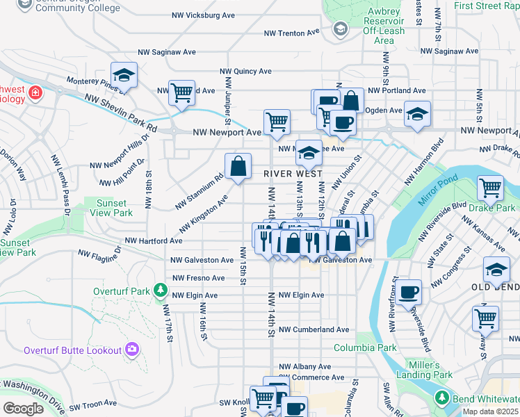 map of restaurants, bars, coffee shops, grocery stores, and more near 1005 Northwest 14th Street in Bend