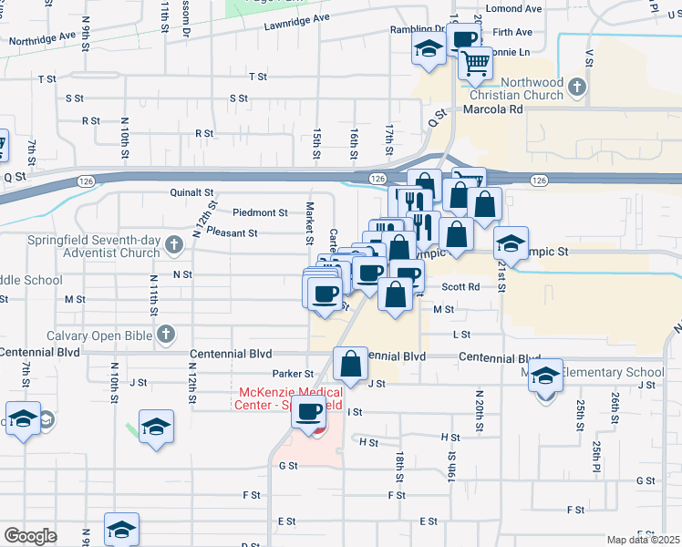 map of restaurants, bars, coffee shops, grocery stores, and more near 1566 16th Street in Springfield