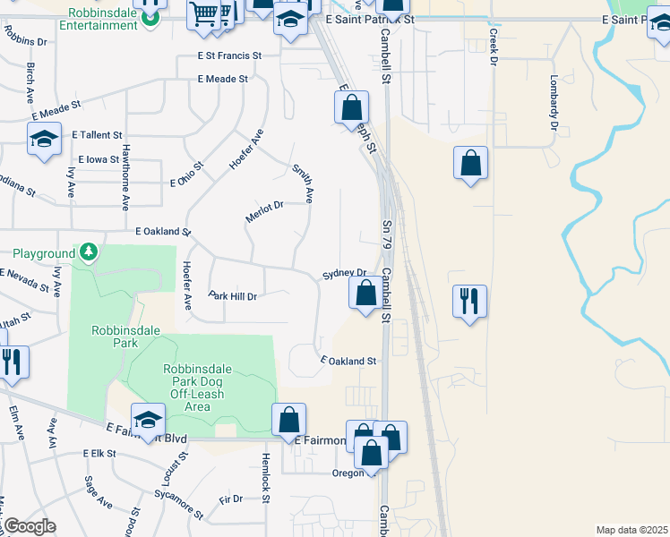 map of restaurants, bars, coffee shops, grocery stores, and more near 1318 Sydney Drive in Rapid City