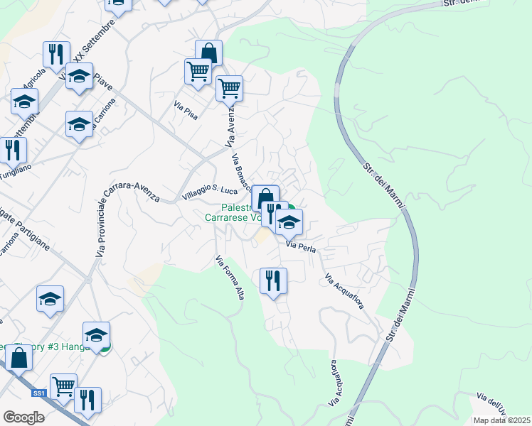 map of restaurants, bars, coffee shops, grocery stores, and more near 90 Via Spondarella in Carrara