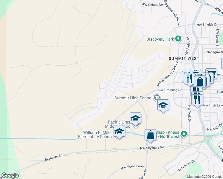 map of restaurants, bars, coffee shops, grocery stores, and more near 3226 Northwest Celilo Lane in Bend