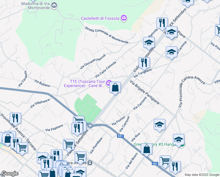 map of restaurants, bars, coffee shops, grocery stores, and more near 157BIS Viale XX Settembre in Carrara