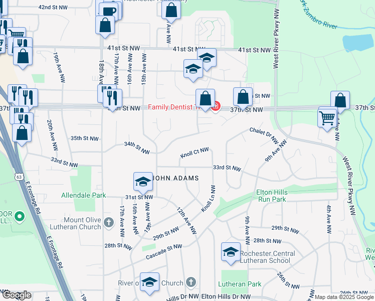 map of restaurants, bars, coffee shops, grocery stores, and more near 1108 34th Street Northwest in Rochester