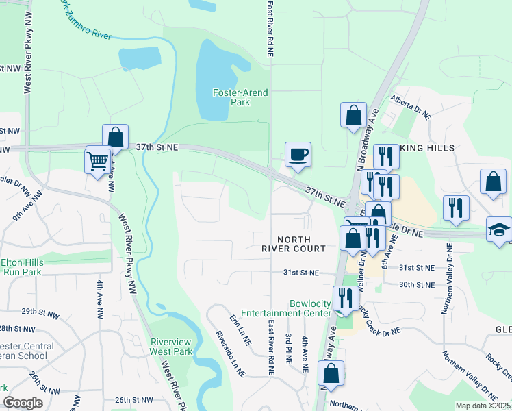 map of restaurants, bars, coffee shops, grocery stores, and more near 3609-3699 E River Road Northeast in Rochester