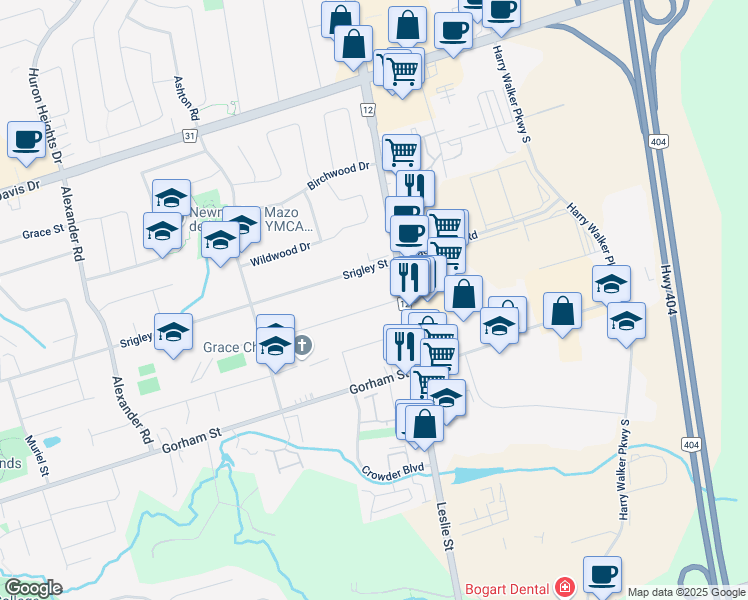 map of restaurants, bars, coffee shops, grocery stores, and more near 17244 Leslie Street in Newmarket