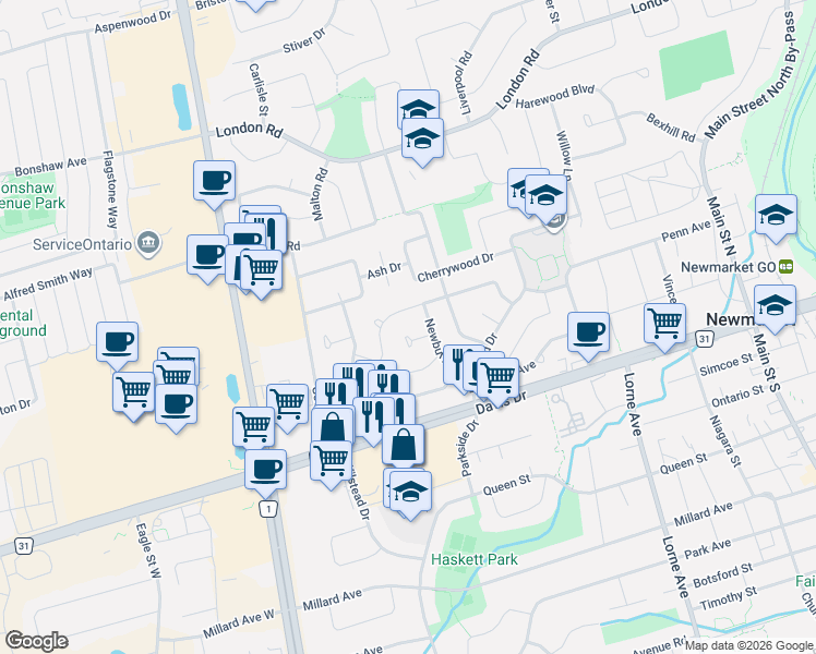 map of restaurants, bars, coffee shops, grocery stores, and more near 139 Maurice Court in Newmarket