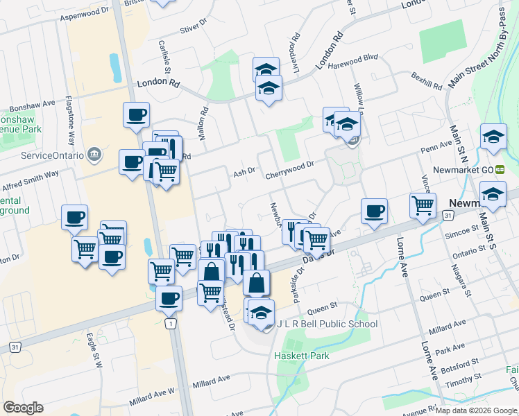 map of restaurants, bars, coffee shops, grocery stores, and more near 139 Maurice Court in Newmarket