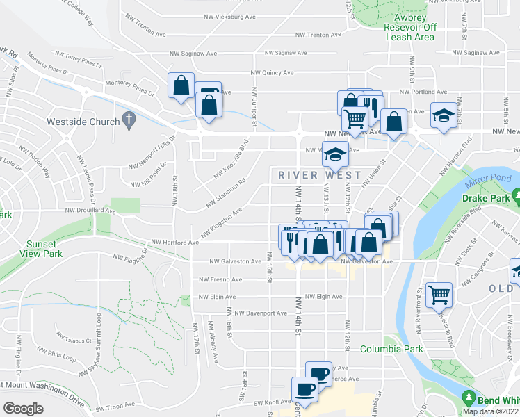 map of restaurants, bars, coffee shops, grocery stores, and more near 1511 Northwest Jacksonville Avenue in Bend
