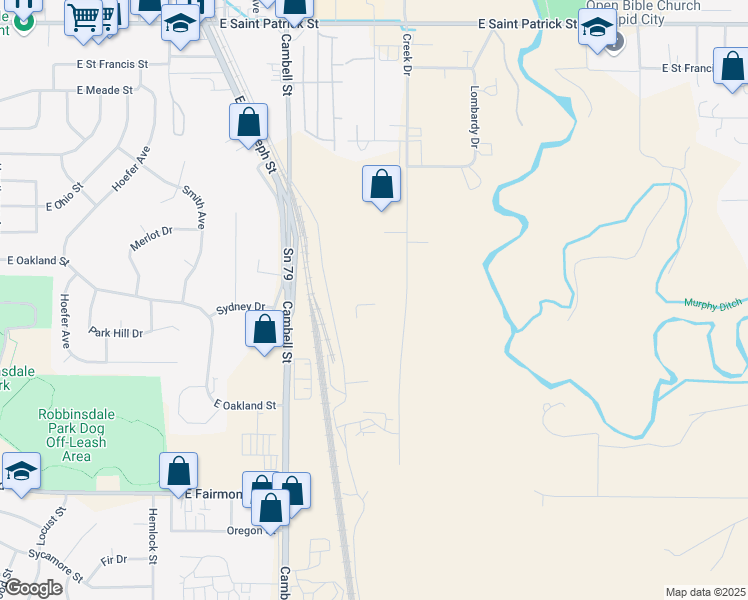 map of restaurants, bars, coffee shops, grocery stores, and more near 2725 Creek Drive in Rapid City