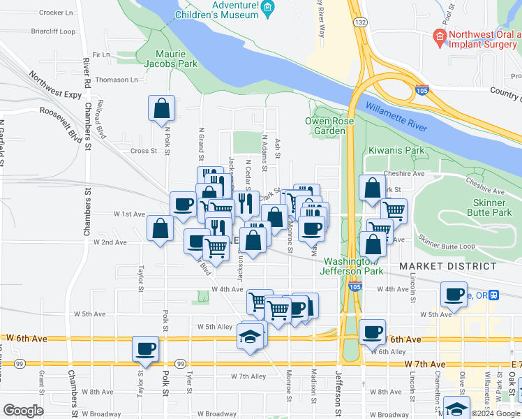 map of restaurants, bars, coffee shops, grocery stores, and more near 911 West 1st Avenue in Eugene