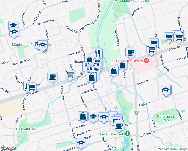 map of restaurants, bars, coffee shops, grocery stores, and more near in Newmarket