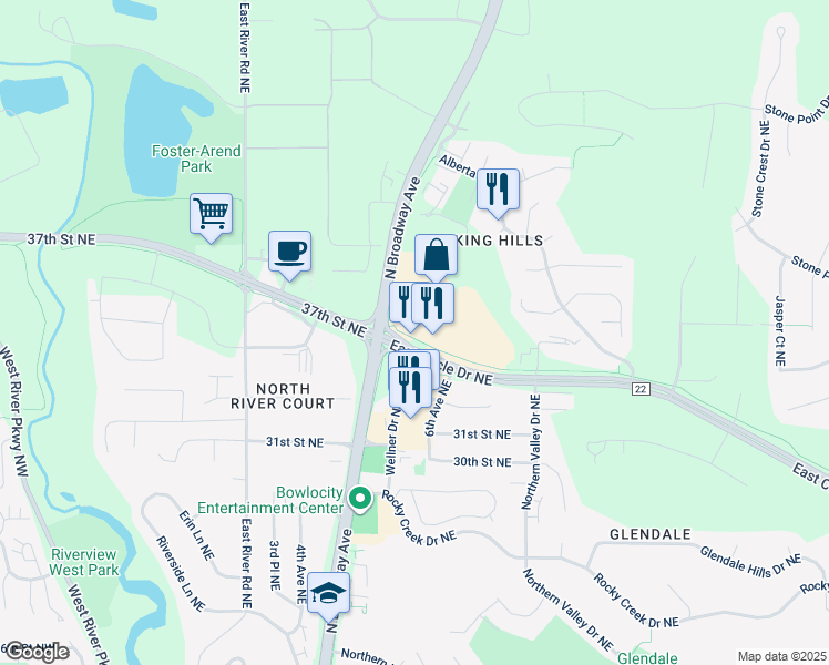 map of restaurants, bars, coffee shops, grocery stores, and more near 3456 East Circle Drive Northeast in Rochester