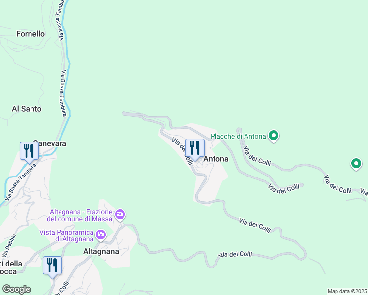 map of restaurants, bars, coffee shops, grocery stores, and more near 1A Via dei Colli in Antona