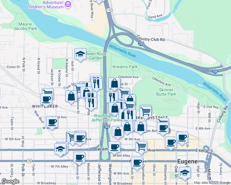 map of restaurants, bars, coffee shops, grocery stores, and more near 28 Lawrence Street in Eugene