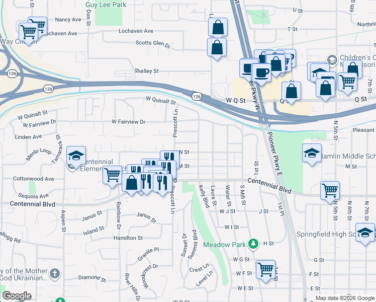 map of restaurants, bars, coffee shops, grocery stores, and more near 414 West Olympic Street in Springfield