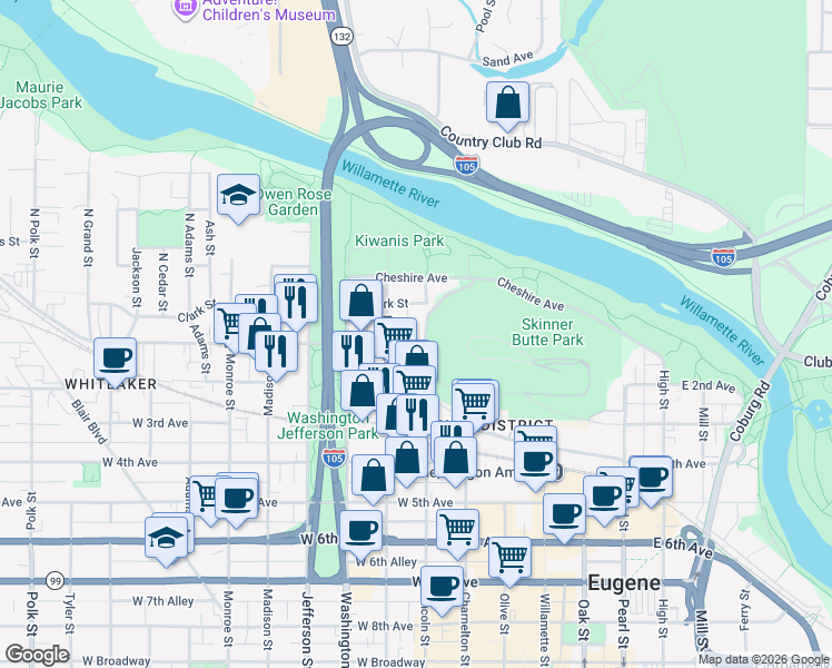 map of restaurants, bars, coffee shops, grocery stores, and more near 310 Clark Street in Eugene