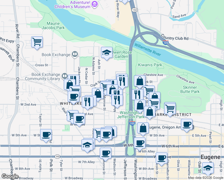 map of restaurants, bars, coffee shops, grocery stores, and more near 32 Madison Street in Eugene