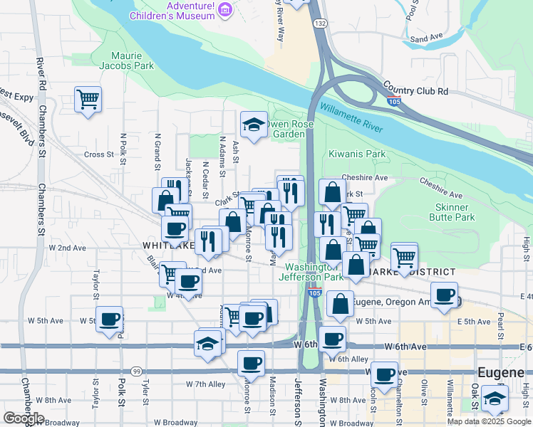 map of restaurants, bars, coffee shops, grocery stores, and more near 725 West 1st Avenue in Eugene