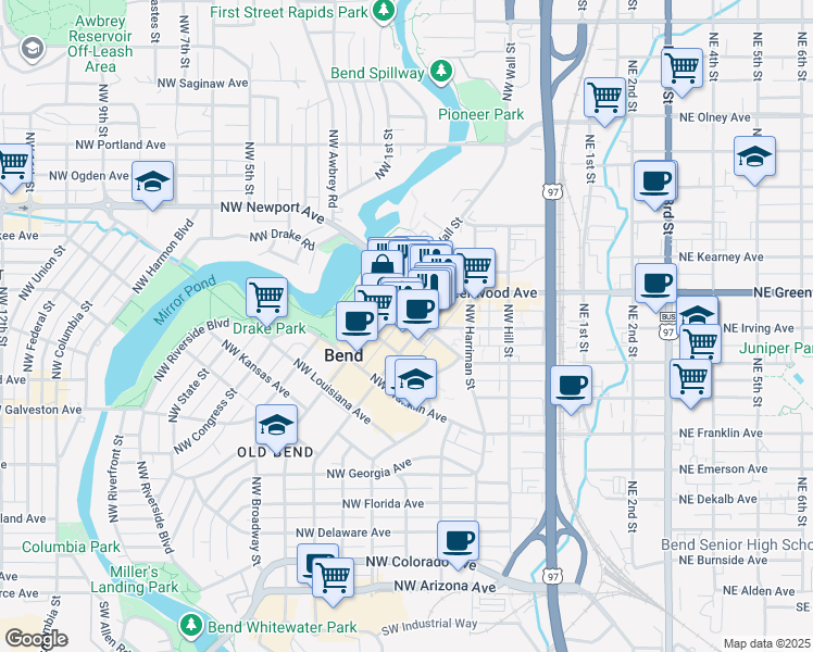 map of restaurants, bars, coffee shops, grocery stores, and more near 115 Northwest Oregon Avenue in Bend