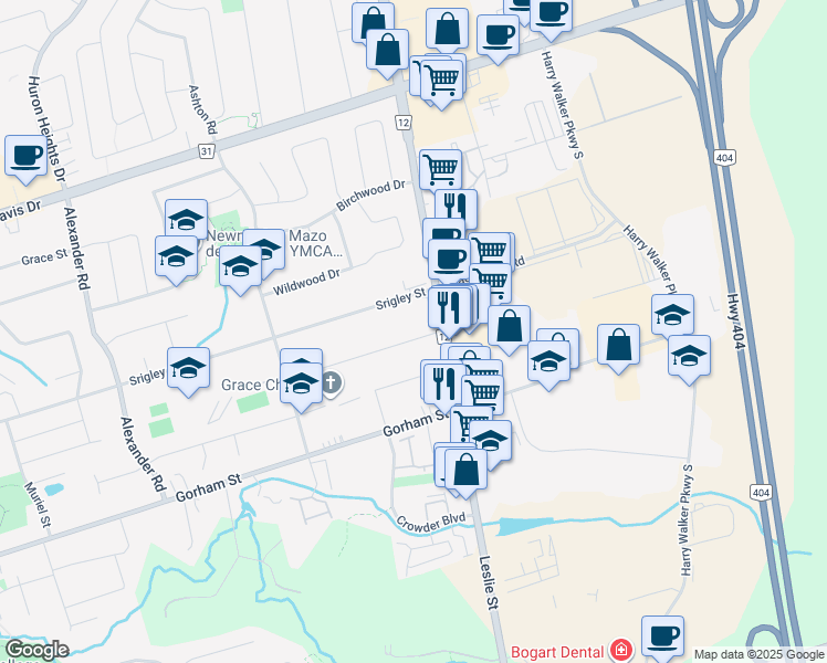 map of restaurants, bars, coffee shops, grocery stores, and more near 1043 Lemar Road in Newmarket