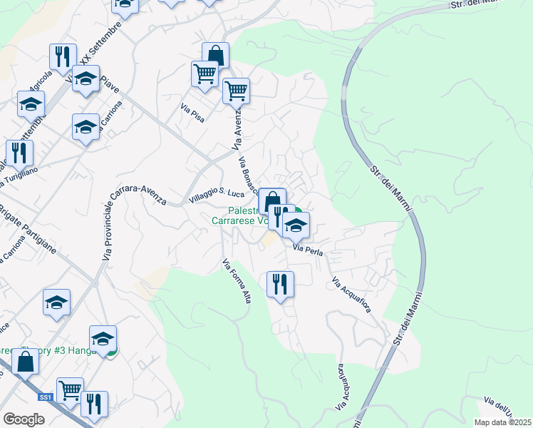 map of restaurants, bars, coffee shops, grocery stores, and more near 90 Via Spondarella in Provincia di Massa e Carrara