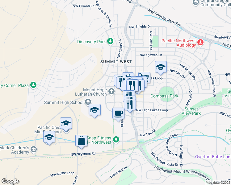 map of restaurants, bars, coffee shops, grocery stores, and more near 2740 Northwest Ordway Avenue in Bend
