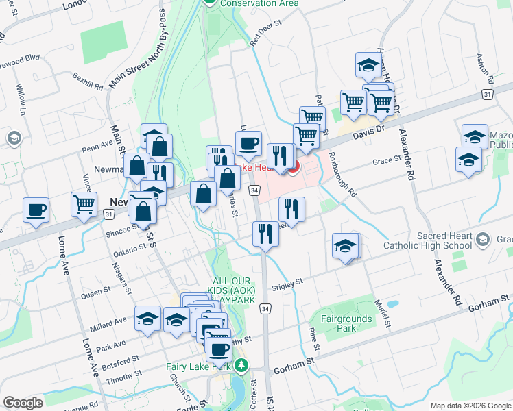 map of restaurants, bars, coffee shops, grocery stores, and more near Prospect Street in Newmarket