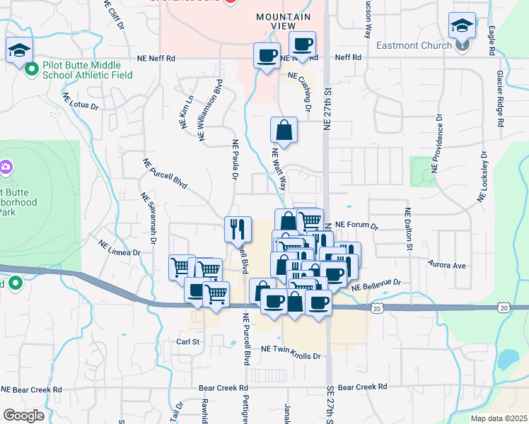 map of restaurants, bars, coffee shops, grocery stores, and more near 825 Northeast Watt Way in Bend