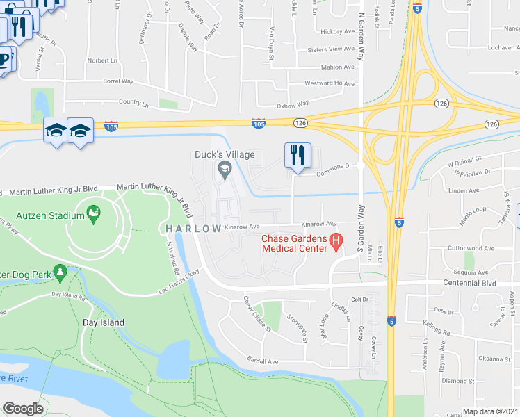 map of restaurants, bars, coffee shops, grocery stores, and more near 3435 McKenna Drive in Eugene