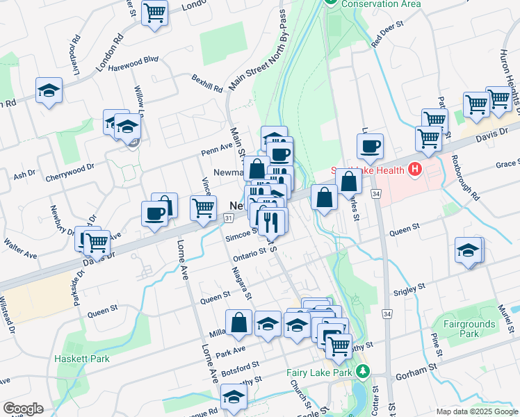 map of restaurants, bars, coffee shops, grocery stores, and more near Davis Dr & Main St in Newmarket