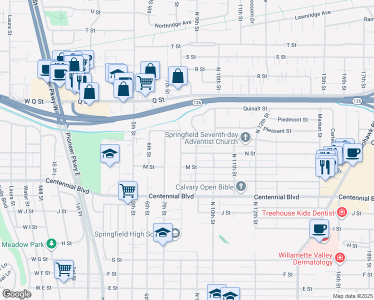 map of restaurants, bars, coffee shops, grocery stores, and more near 826 N Street in Springfield