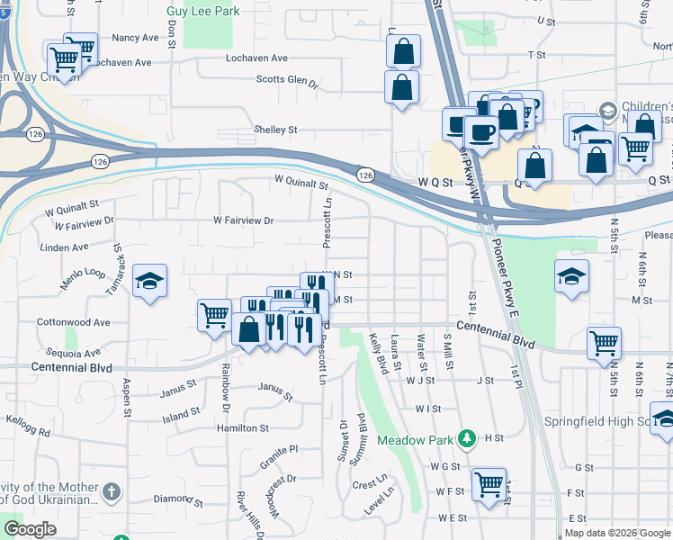 map of restaurants, bars, coffee shops, grocery stores, and more near 1551 Prescott Lane in Springfield