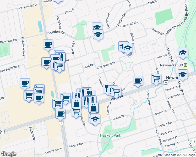 map of restaurants, bars, coffee shops, grocery stores, and more near 76 Newbury Drive in Newmarket