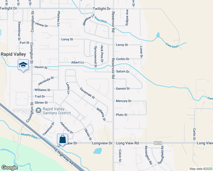 map of restaurants, bars, coffee shops, grocery stores, and more near 2547 Shad Street in Rapid City