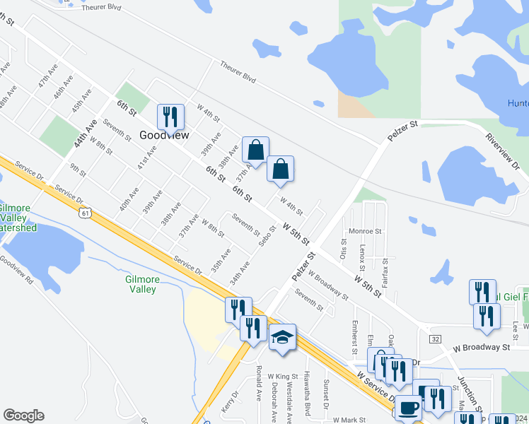 map of restaurants, bars, coffee shops, grocery stores, and more near 1911 West 6th Street in Winona