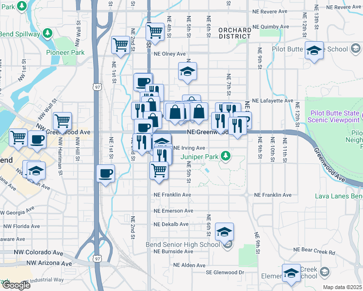 map of restaurants, bars, coffee shops, grocery stores, and more near 477 U.S. 20 in Bend