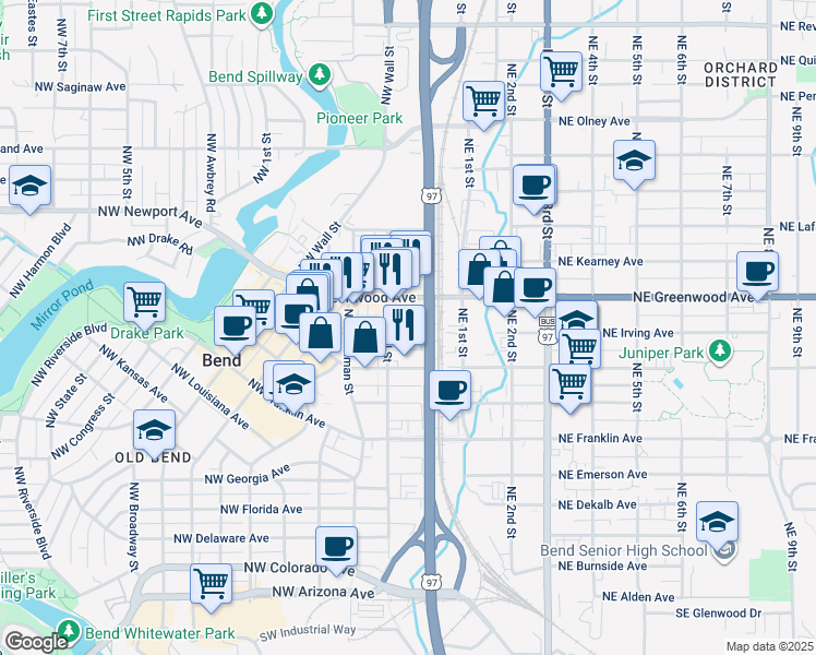 map of restaurants, bars, coffee shops, grocery stores, and more near 37 Northwest Greenwood Avenue in Bend