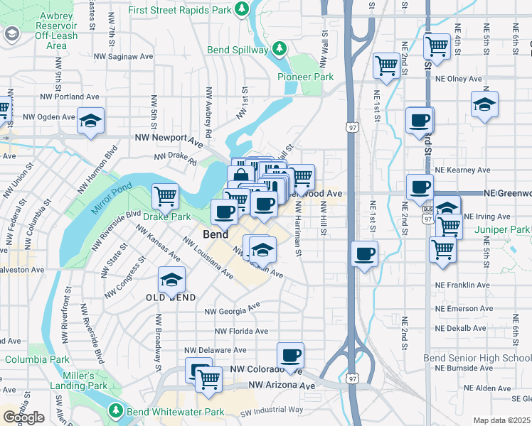 map of restaurants, bars, coffee shops, grocery stores, and more near 1025 Northwest Bond Street in Bend