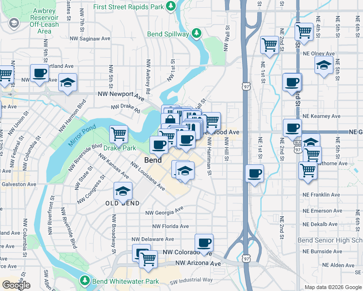 map of restaurants, bars, coffee shops, grocery stores, and more near 1025 Northwest Bond Street in Bend