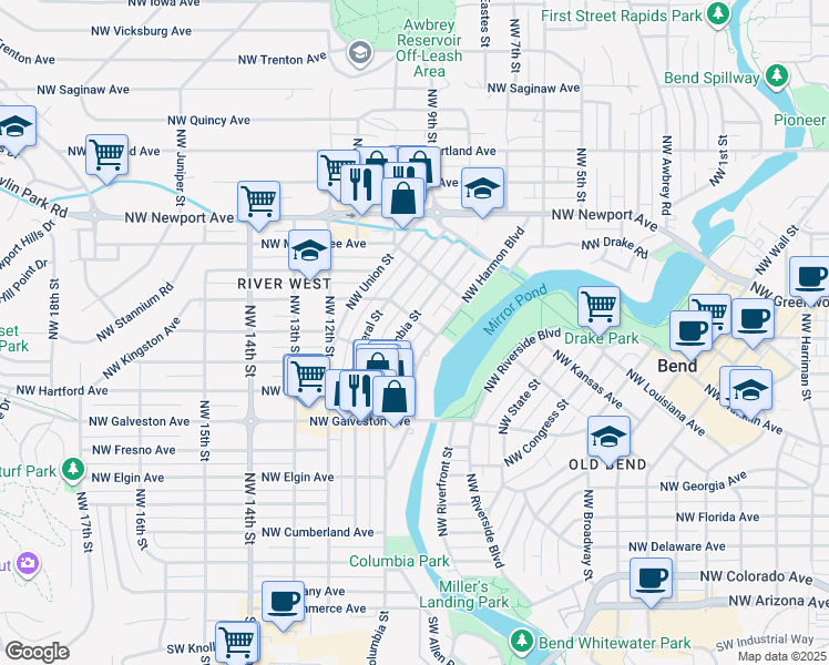 map of restaurants, bars, coffee shops, grocery stores, and more near 1085 Northwest Columbia Street in Bend