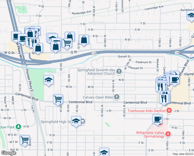 map of restaurants, bars, coffee shops, grocery stores, and more near 925 Olympic Street in Springfield