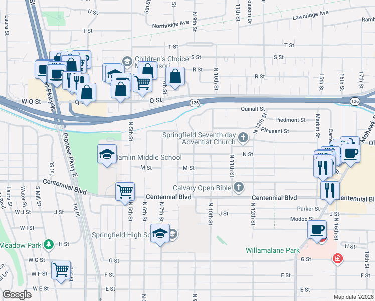 map of restaurants, bars, coffee shops, grocery stores, and more near 1555 8th Street in Springfield
