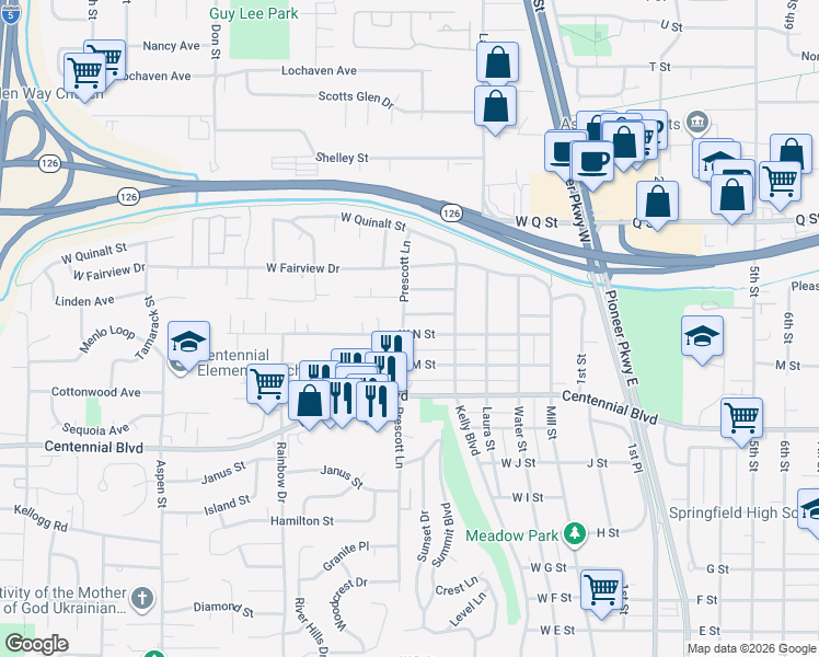 map of restaurants, bars, coffee shops, grocery stores, and more near 1551 Prescott Lane in Springfield