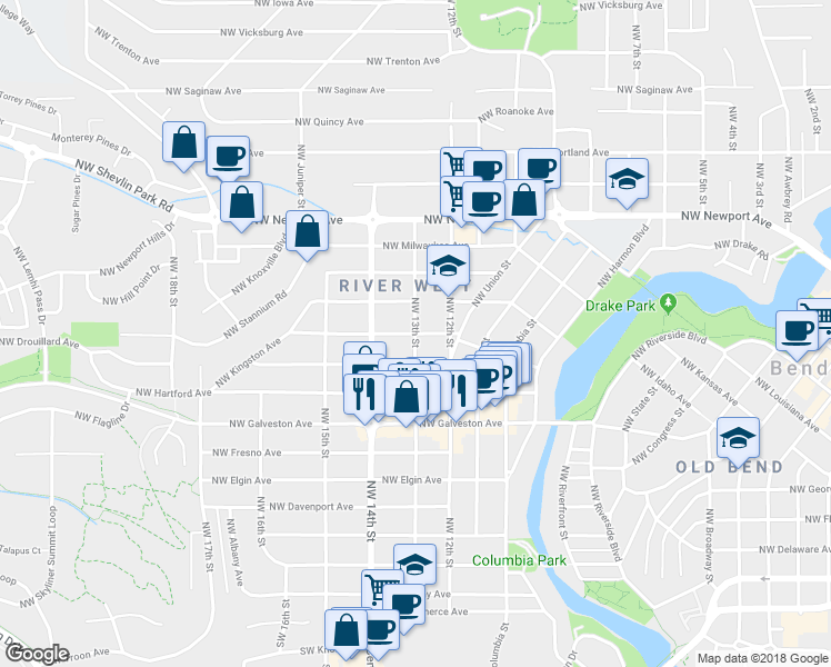 map of restaurants, bars, coffee shops, grocery stores, and more near 1001 Northwest 13th Street in Bend